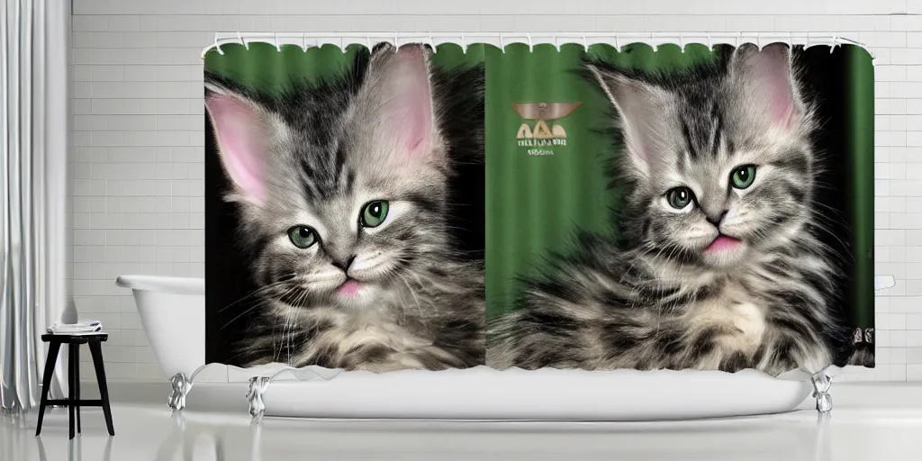 Image similar to a ( ( ( ( ( main coon kitten ) ) ) ) ) baby yoda themed shower curtain, shower curtain. product photography. product lighting. digital art. 4 k, highly detailed. saturated. baby yoda themed shower curtain.