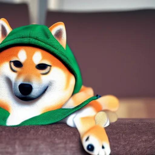 Image similar to a Shiba Inu wearing a green hoodie sitting on a couch, photo realistic, trending on artstation, HDR, nicely detailed, 8k