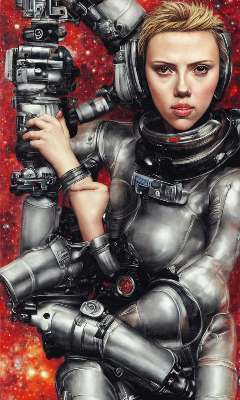 Prompt: Scarlett Johansson in a spacesuit holding a futuristic blaster, close-up portrait by Saturno Buttò