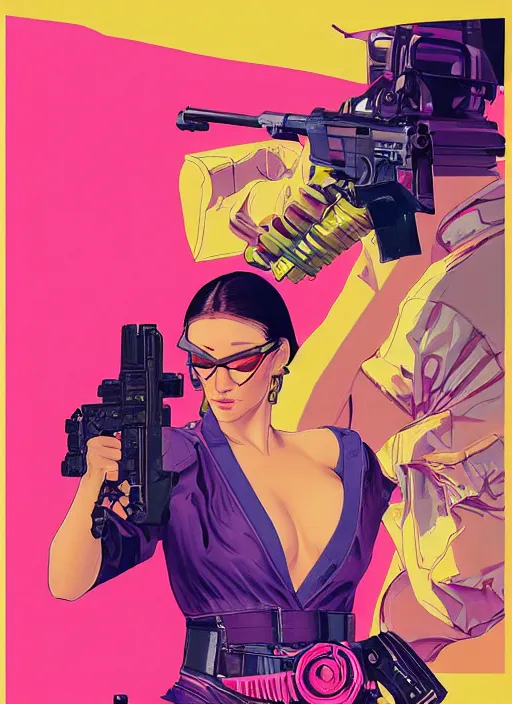 Image similar to cyberpunk saleswoman wearing pink jumpsuit and painting a yellow belt fed pistol. advertisement for pistol. cyberpunk ad poster by james gurney, azamat khairov, and alphonso mucha. artstationhq. painting with vivid color, cell shading. buy now! ( rb 6 s, cyberpunk 2 0 7 7 )
