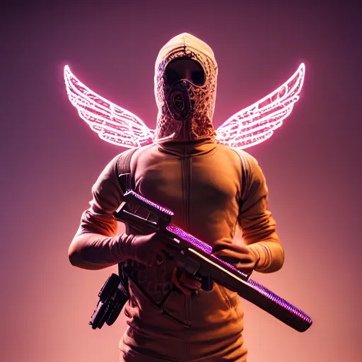 Prompt: cupid wearing balaclava mask, holding a gun an ultrafine hyperdetailed illustration by kim jung gi, irakli nadar, intricate linework, neon wiring, porcelain skin, unreal engine 5 highly rendered, global illumination, radiant light, detailed and intricate environment h 6 4 0