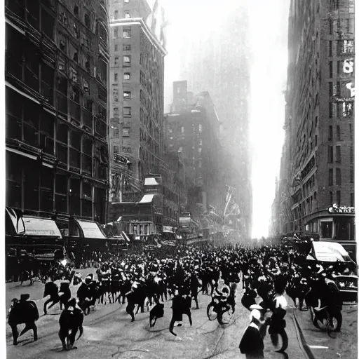 Image similar to old black and white photo, 1 9 1 3, depicting a kaiju rampaging through the bustling streets of new york city, historical record