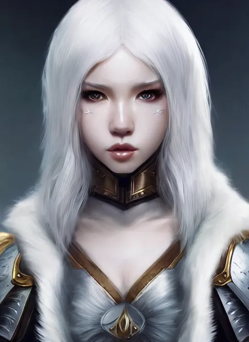 Image similar to warrior, fur - lined light armor!!! beautiful and elegant white hair female!! gorgeous ayes!! character concept art, sharp focus, octane render! unreal engine 5! highly rendered!! trending on artstation!! detailed linework!! illustration by artgerm, wlop, and chie yoshii