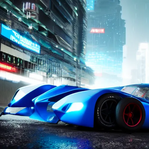 Image similar to cyberpunk quadra GT racecar, with realistic reflections, realistic scene, photorealism, 4k resolution