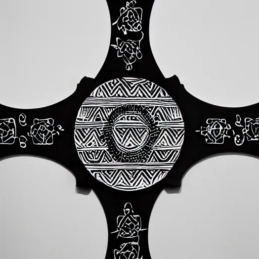 Image similar to professional photograph of a black plate hanging in the middle of a white wall, tribal symbols painted behind, black an white, depth of field, dark illumination