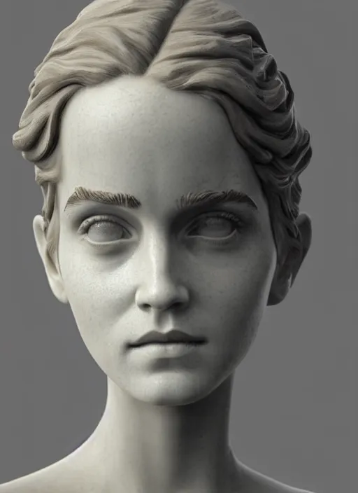 Image similar to 3D resin miniature sculpture of Emma Watson by Jean-Baptiste Carpeaux and Luo Li Rong, prefect symmetrical face, academic art, realistic, 8K, Introduction factory photo, Product Introduction Photo, Hyperrealism. Subsurface scattering, raytracing, Octane Render, Zbrush, simple background