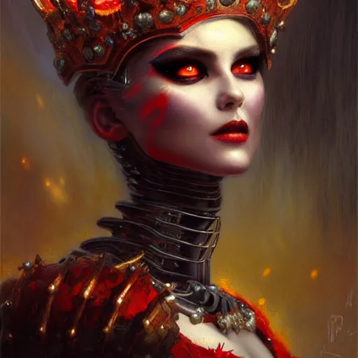 Prompt: attractive female robot demon queen with crown and red eyes, painting by gaston bussiere and luis rollo, close - up portrait, digital painting, highly detailed, artstation, sharp focus, illustration, concept art, hd