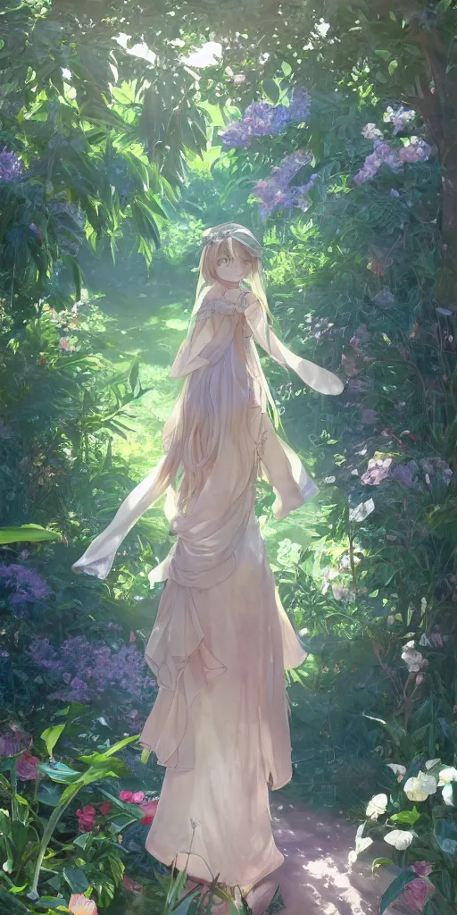 Image similar to a digital art of a loli with long hair in a dress in the privet garden at after noon, green and warm theme, back lighting, by krenz cushart and mucha and akihito yoshida and greg rutkowski and makoto shinkai, graphic design, detailed eyes, 4 k resolution, trending on art station