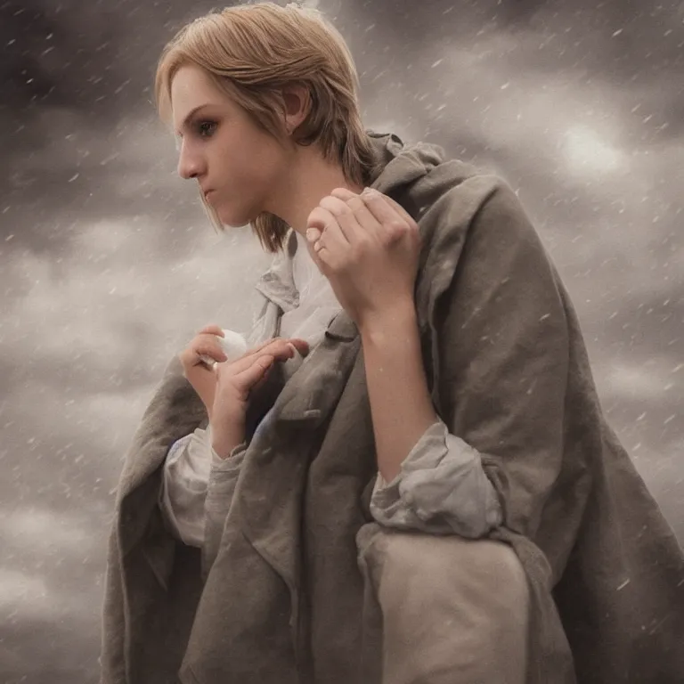 Image similar to cute annie leonhart holding taking a photo of luke skywalker wallpaper, beautiful face, pale skin, rule of thirds, cinematic lighting, rainy weather, melancholy atmosphere, volumetric light, realistic reflections, sharp focus, backlit, model agency, instagram photo, shot on iphone 1 3 pro max, hyper realistic,