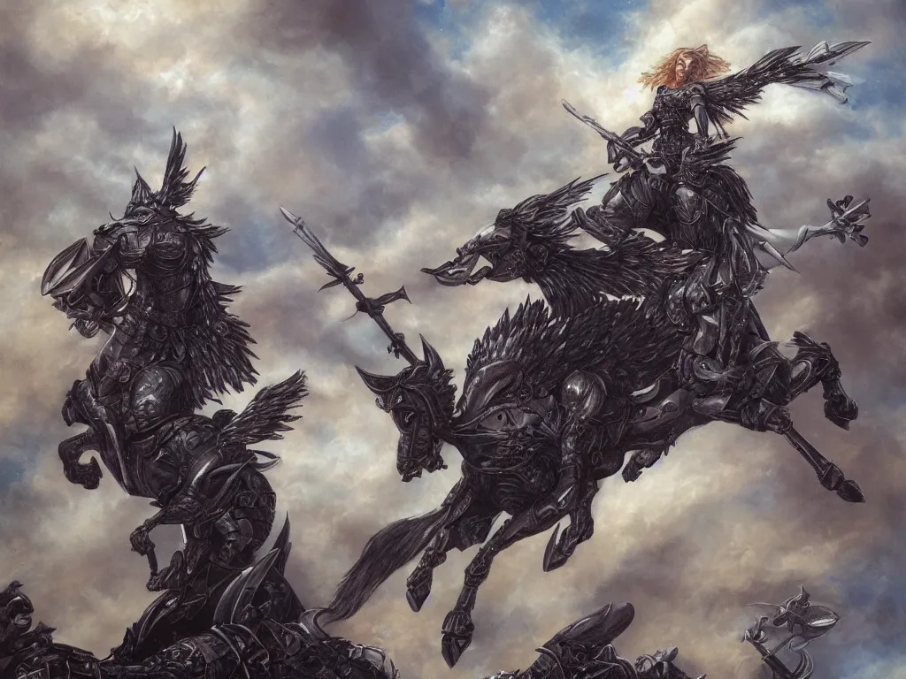 Image similar to valkyrie on pegasus, epic scene, style of brom, highly detailed