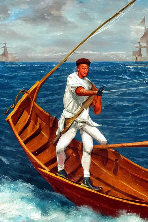 Prompt: patrick mahomes in an 1 8 th century whaler rowboat, brandishing a whaling harpoon, the harpoon is sharp, he's on an old sailing boat, oil painting, coherent, highly realistic, anime style, american school, robery wyland