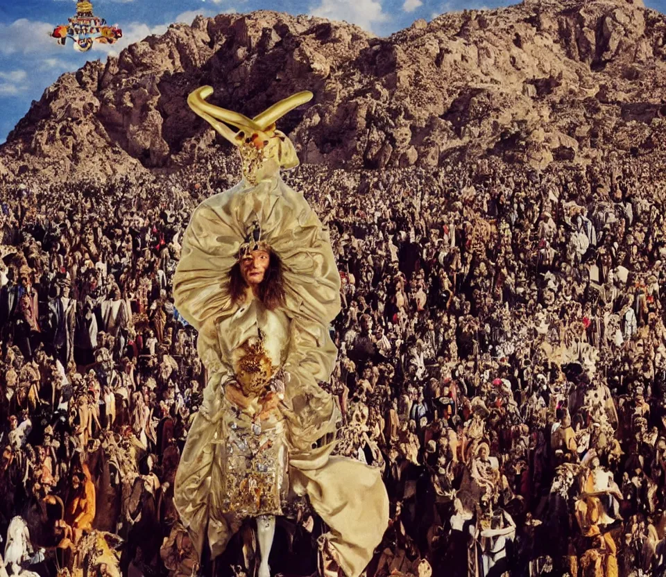 Prompt: salvador dali wearing a crown and costume with jewels in front of a huge crowd in a dry rocky desert landscape, from the movie by alejandro jodorowsky with cinematogrophy of christopher doyle and art direction by hans giger, anamorphic lens, kodakchrome, very detailed photo, 8 k