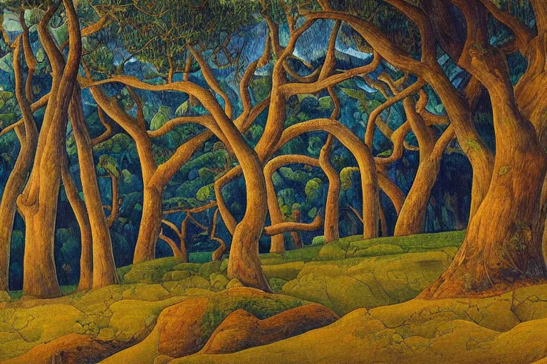 Image similar to masterpiece painting of oak trees on a hillside overlooking a creek, dramatic lighting, by diego rivera