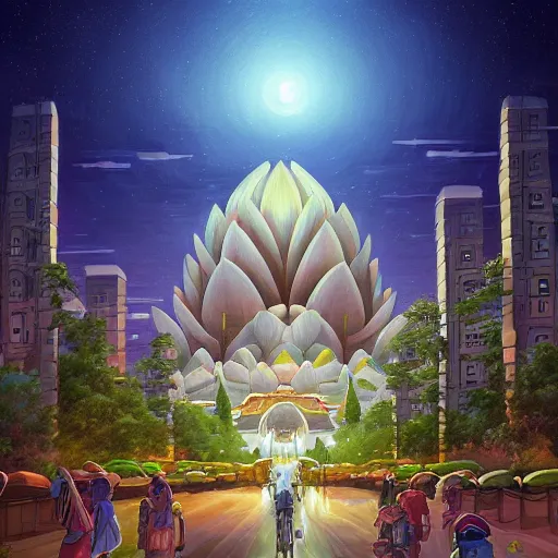 Image similar to street view of gigantic lotus flower temple city at night by cyril rolando and naomi okubo and dan mumford and ricardo bofill