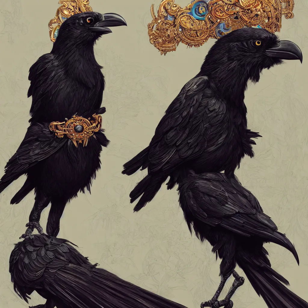 Image similar to beautiful black raven bird with ornate headgear, cute, intricate, highly detailed, digital painting, trending on artstation, concept art, smooth, sharp focus, backlit, rim light, vivid colors, illustration, unreal engine 5, 8 k, art by rossdraws and alphonse mucha