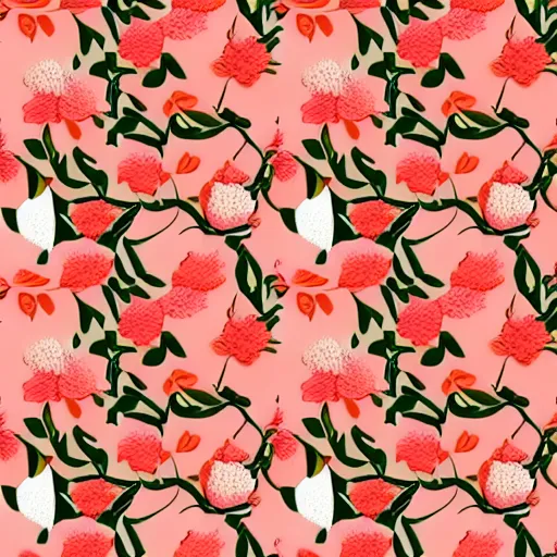 Prompt: repeating fabric pattern, minimalistic, miniature tiny peach color flowers, green vines and leaves