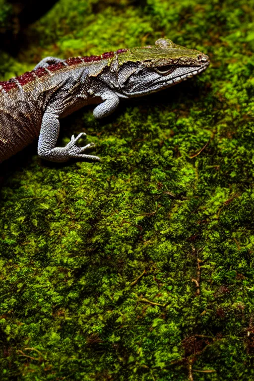 Prompt: a macro portrait photo of a lizard on a moss covered rock, shiny scales, moss and vegetation, ancient forest, close - up, intricate details, intricately detailed textures, warm lighting, vivid colors, smoke and mist, hyper realistic octane render, volumetric shading, depth of field, raytracing, 8 k,