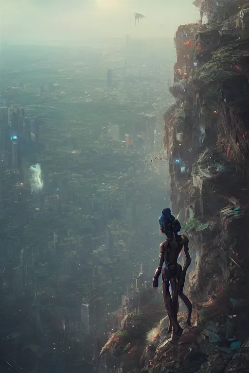 Image similar to humanoid robot standing on cliff in front of over grown new york, art by guweiz, dramatic lighting, highly detailed, incredible quality, trending on artstation