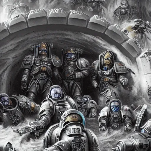 Image similar to historical photo of Warhammer 40k space marines emerging from a Stargate, hyper real, extremely detailed, 4K