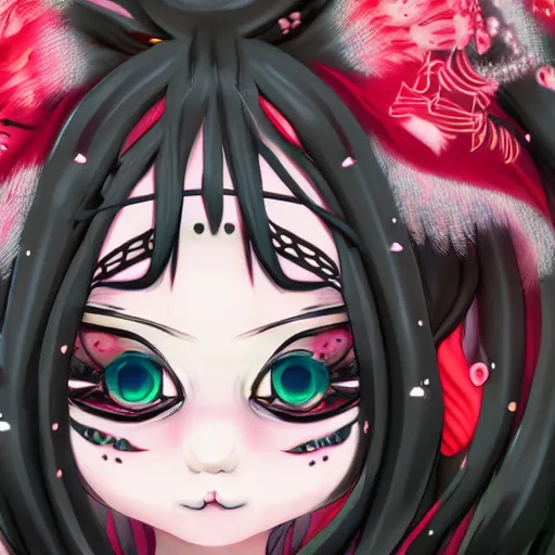 Prompt: ultra - detailed smiling creepy kawaii girl cat for hair wearing high priestess robes in the style of anime and kabuki, fantasy, unreal engine, cinematic, smooth, sharp focus, trending on artstation, ultra realistic, extremely detailed, 8 k