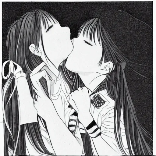 Image similar to portrait of two girls kissing, detailed manga art