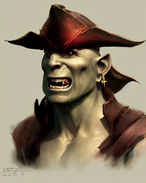 Prompt: portrait of a pale skin self confident smiling orc with a pirate hat, dramatic lighting concept art by blizzard studio and ruan jia and raphael lacoste, trending on artstation