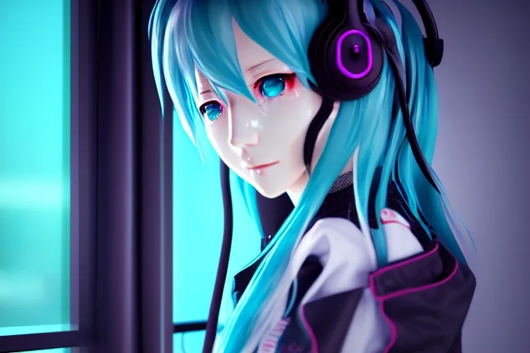 Prompt: hatsune miku with headphones is looking at a rainy window in the style of a code vein character creation, cyberpunk art by Yuumei, cg society contest winner, rayonism light effects and bokeh, daz3d, vaporwave, deviantart hd
