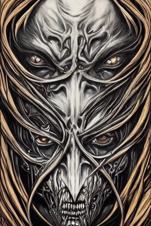 Image similar to Elden Ring and Doom themed painting of majestic chromatic biomechanical anatomical hybrid beautiful ethereal angel symmetrical neutral black metal corpsepaint mask closeup face tattoo pattern golden ratio concept, Neo-Gothic concept, infinity glyph waves, intricate artwork masterpiece, very coherent artwork, cinematic, full frontal facial features by Artgerm, art by H.R. Giger, Joseph Michael Linsner, Zdizslaw Beksinski, Johnatan Wayshak, Moebius, Ayami Kojima, very anatomically coherent artwork, trending on cgsociety, ultra high quality model, production quality cinema model, high detail chromatic ink outline, octane render, unreal engine 8k, hyper realism, high detail, octane render, unreal engine, 8k, High contrast