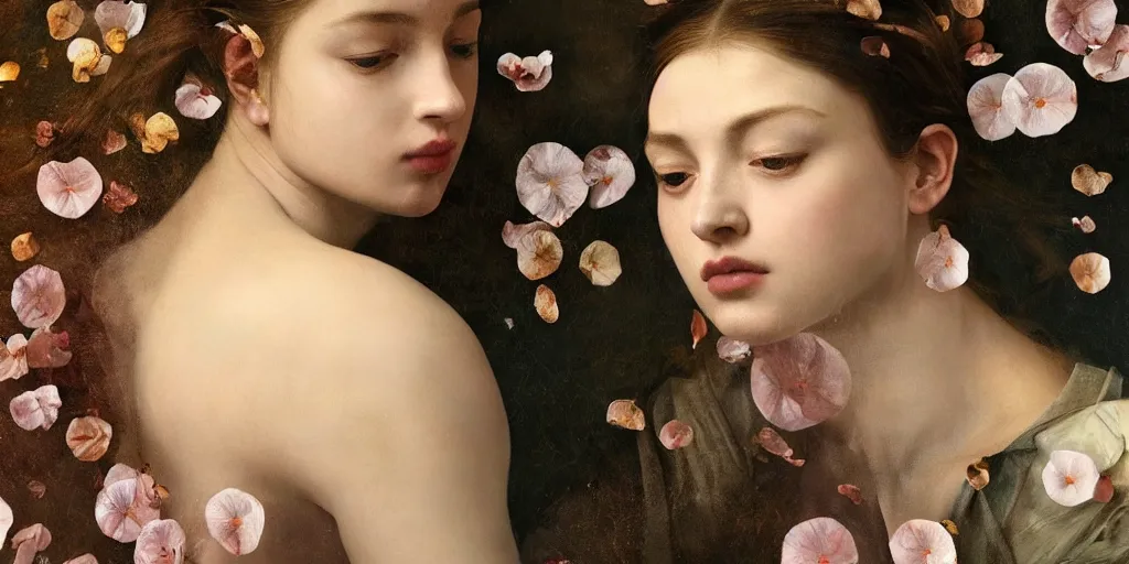 Image similar to beautiful oil matte portrait painting, women rained on by flower petals, wonderful masterpiece highly detailed, beautiful cinematic light deep focus, elegant, digital painting, smooth, sharp focus, golden ratio, dramatic illumination, ultra realistic, 8 k, art by artemisia lomi gentileschi and caravaggio