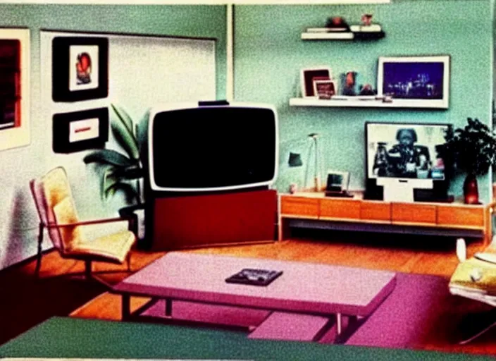 Image similar to a living room in 1982! A square CRT TV is on, with Netflix on the screen!!!!! Disposable camera