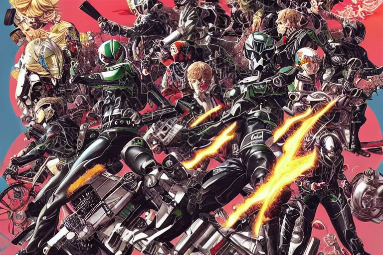 Prompt: kamen rider rx, by yoichi hatakenaka, masamune shirow, josan gonzales and dan mumford, ayami kojima, takato yamamoto, barclay shaw, karol bak, yukito kishiro