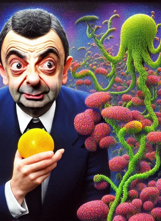 Image similar to hyper detailed 3d render like a Oil painting muted colors - slightly silly portrait of Rowan Atkinson as Mr. Bean in Aurora seen Eating of the Strangling network of yellowcake aerochrome and milky Fruit and Her delicate Hands hold of gossamer polyp blossoms bring iridescent fungal flowers whose spores black the foolish stars by Jacek Yerka, Mariusz Lewandowski, Houdini algorithmic generative render, Abstract brush strokes, Masterpiece, Edward Hopper and James Gilleard, Zdzislaw Beksinski, Nicoletta Ceccoli, Wolfgang Lettl, hints of Yayoi Kasuma, octane render, 8k