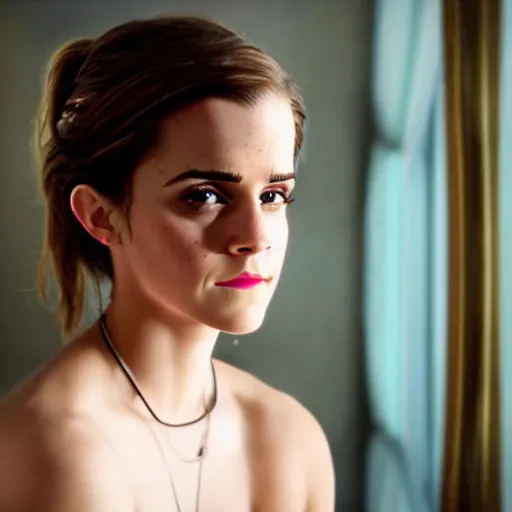 Image similar to emma watson pondering her reflection in the mirror, light, colorful 4 k photorealistic