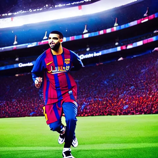 Prompt: Drake performing on stage at the Camp Nou