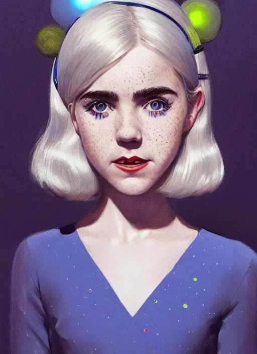 Image similar to portrait of kiernan shipka with freckles, white hair, 1 9 6 0 s bob hairstyle with bangs and hairband, blue 1 9 6 0 s dress, intricate, elegant, glowing lights, highly detailed, digital painting, artstation, concept art, smooth, sharp focus, illustration, art by wlop, mars ravelo and greg rutkowski