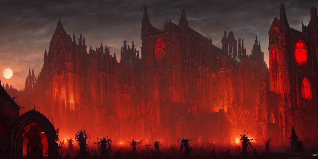 Image similar to highly detailed portrait painting of ancient abbey warhammer battle, old abbey in the background, full red moon, by eddie mendoza and tyler edlin, 8 k resolution