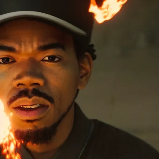 Image similar to cinematic film still of Chance The Rapper starring as a Samurai holding fire, Japanese CGI, VFX, 2022, 40mm lens, shallow depth of field, film photography