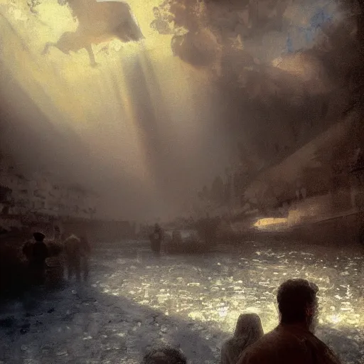 Prompt: painting of Christ coming up from beneath the water in the Jordan River, his eyes fixed toward the sky, his mouth agape, the sky is dark with god rays filtering through in the distance, a crowd looks on in silence in the far background, by Jeremy Mann, stylized, detailed, realistic, loose brush strokes