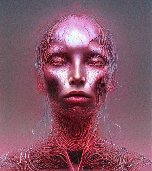 Image similar to portrait of girl melting with machine by wayne barlowe and zdislaw beksinski