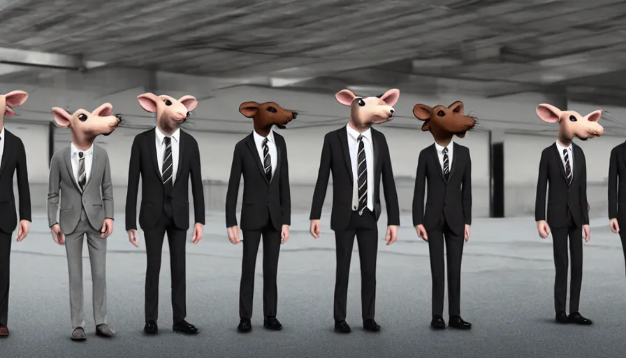 Prompt: anthropomorphic rats in suits waiting for the train, photorealistic rendering, concept art