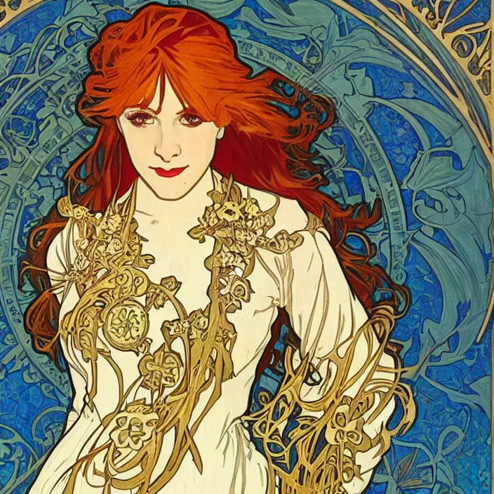 Prompt: Alphonse Mucha, art nouveau, wood carving, pretty female Hayley Williams Paramore, smile, symmetrical, victorian blue dress, long red hair, full body action pose, gold green blue purple