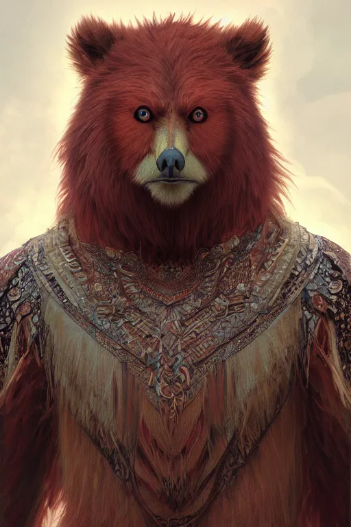 Image similar to a beautiful closeup shot from a fantasy film of a humanoid red owlbear wearing a loose tunic. an anthropomorphic owlbear. fantasy, frown, intricate, elegant, highly detailed, digital painting, artstation, concept art, matte, sharp focus, illustration, art by artgerm and greg rutkowski and alphonse mucha