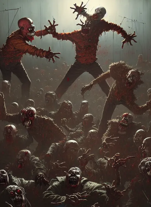 Image similar to masterpiece concept art, evil creepy clowns fighting zombies, by greg rutkowski and geof darrow, 8 k, intricate detail, cinematic lighting