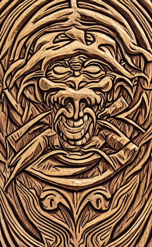 Image similar to an extremely detailed wood relief carving depicting a monstrous image of the jim varney, stylized sun, medieval, renaissance, manuscript, woodcut, in the style of albrecht durer, alchemical symbols