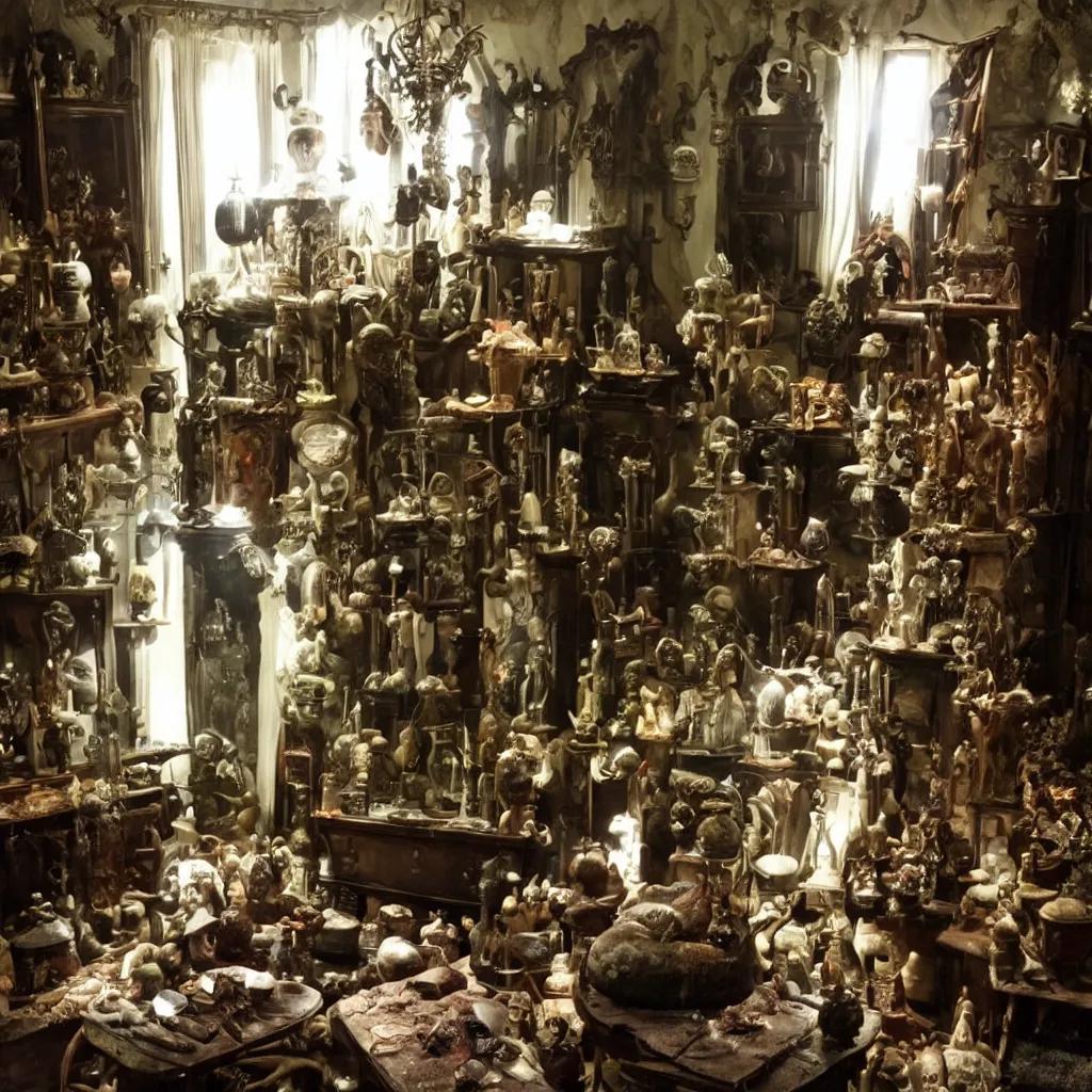 Prompt: room of a dark mansion, objects from ritual in the ground, realistic, highly detailed, guillermo del toro