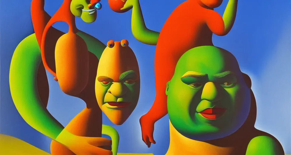 Image similar to a surrealist painting of shrek by alexandr archipenko and rene magritte and joan miro, 4 k, trending on artstation, detailed, film still