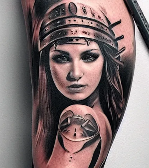 Image similar to tattoo design on white background of a beautiful girl warrior, hyper realistic, realism tattoo, inspired by eliot kohek