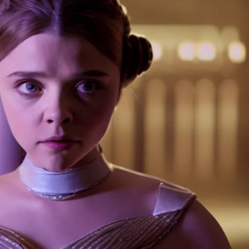 Image similar to Adult Chloe Moretz as Princess Leia, movie scene, DSMC2, 50mm, F1.4, studio lighting, professional, Look at all that detail!, Dolby Vision, UHD