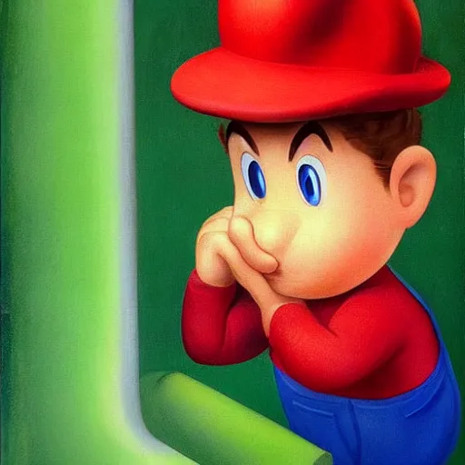 Prompt: an italian plumber with a red hat emerges from a green city pipe by Raphael, Hopper, and Rene Magritte. detailed, romantic, enchanting, trending on artstation.