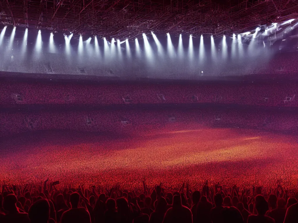 Image similar to a large concert stadium in hell, high contrast, stage lighting, pyrotechnics, ghibli animated film, volumetric lighting, octane render,